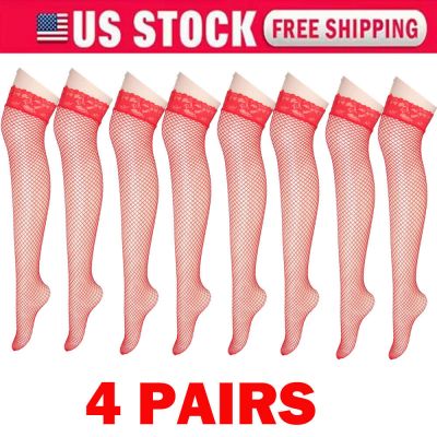 4Pair Red Women Stockings Lace Mesh High Thigh Fishnet Sexy Long Pantyhose